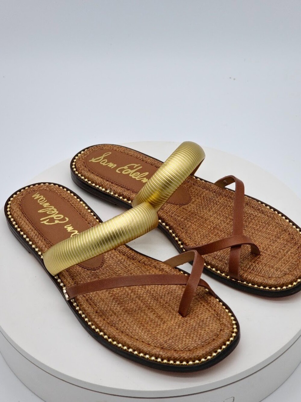 Sam Edelman Tillie Gold Brown Leather Toe Ring Flat Sandals Women Size 10